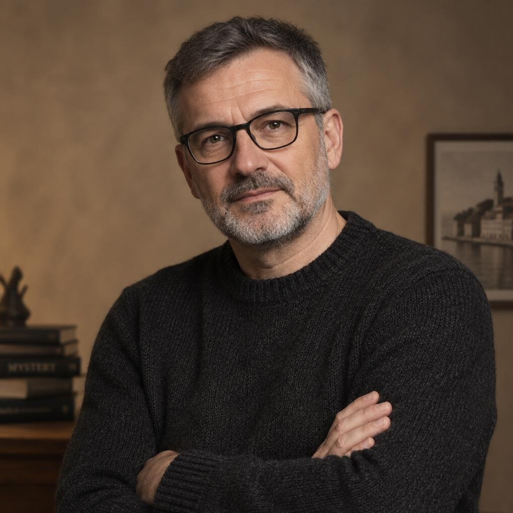Portrait of a middle-aged Croatian male writer with a beard looking thoughtfully at the camera