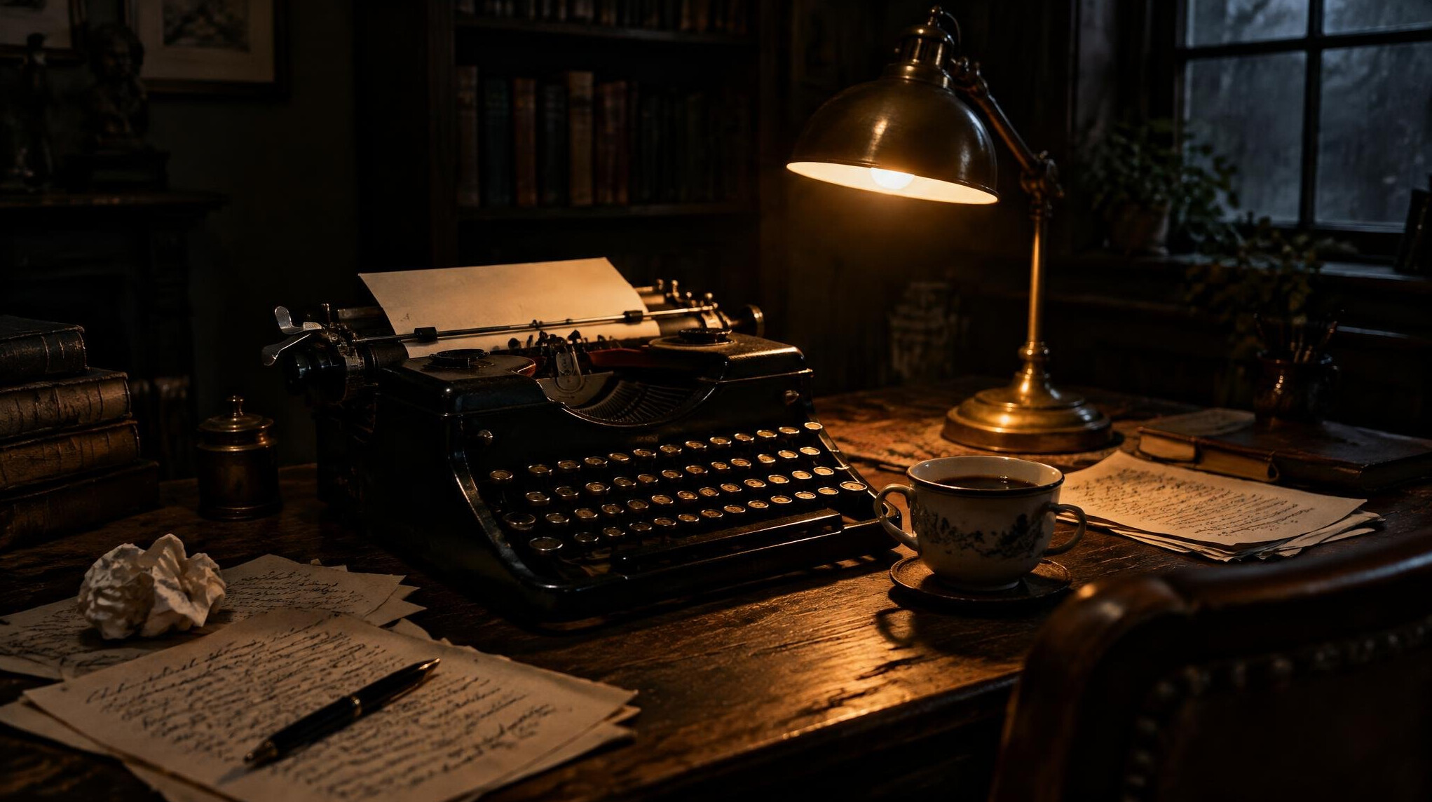 Vintage typewriter on a wooden desk with scattered papers and a dim lamp