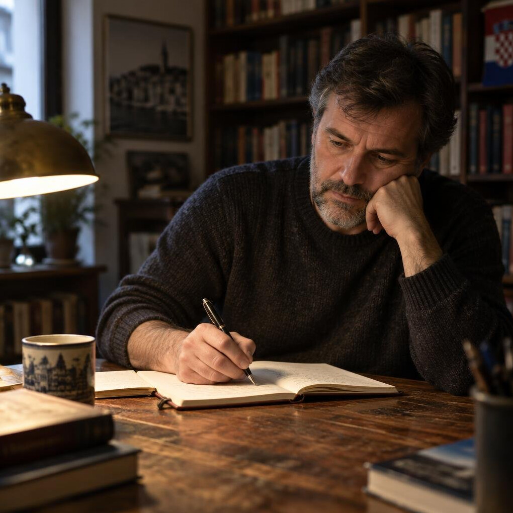 Croatian male author sitting at a wooden desk writing in a notebook